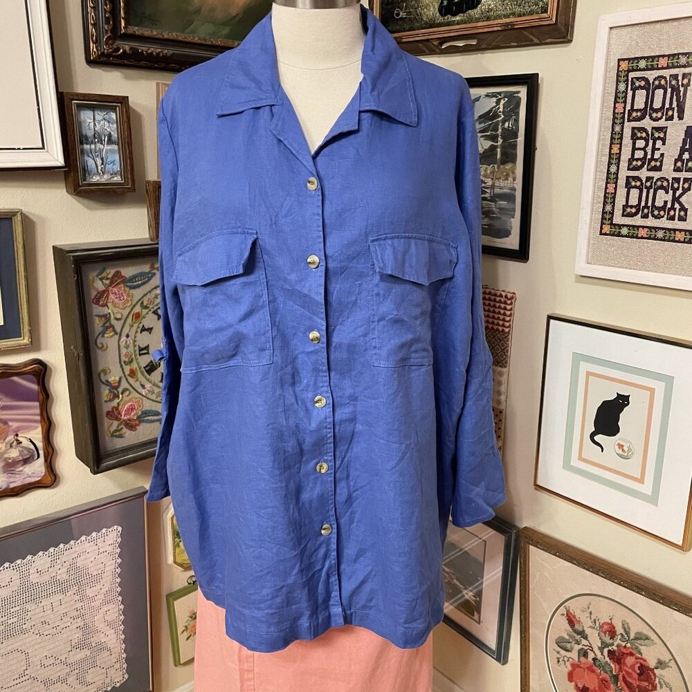 Bridgewater Studio Womens Blue Linen Button-Up Shirt With Pockets - Size 20W